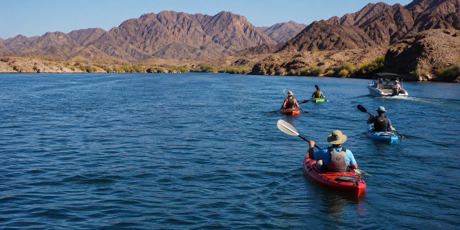 Kayakers and a motorboat on the Colorado River near Lake Mohave