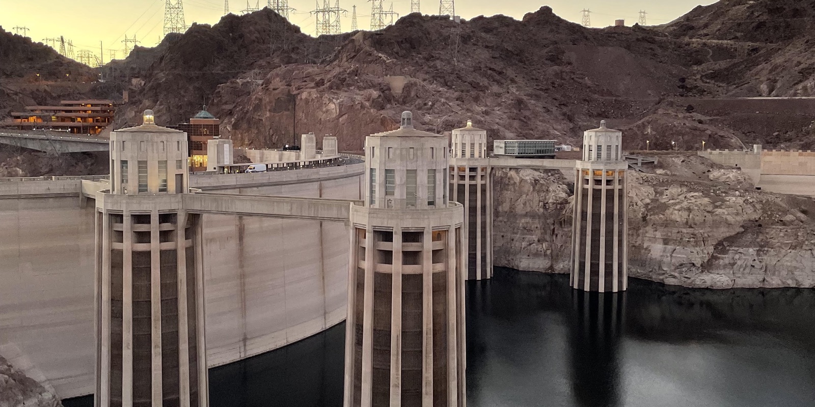 Hoover Dam intake towers rising from Lake Mead