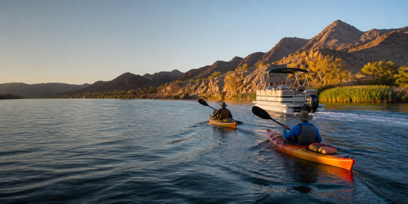 Kayakers and a pontoon boat on the Colorado River near Lake Havasu